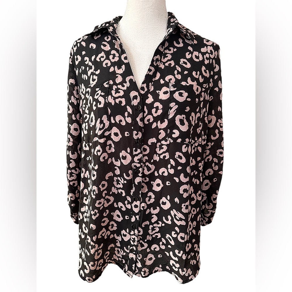 Leopard Print Mob Wife Blouse Sz Large 3/4 Roll-Tab‎ Sleeve Button Up Shirt Y2K